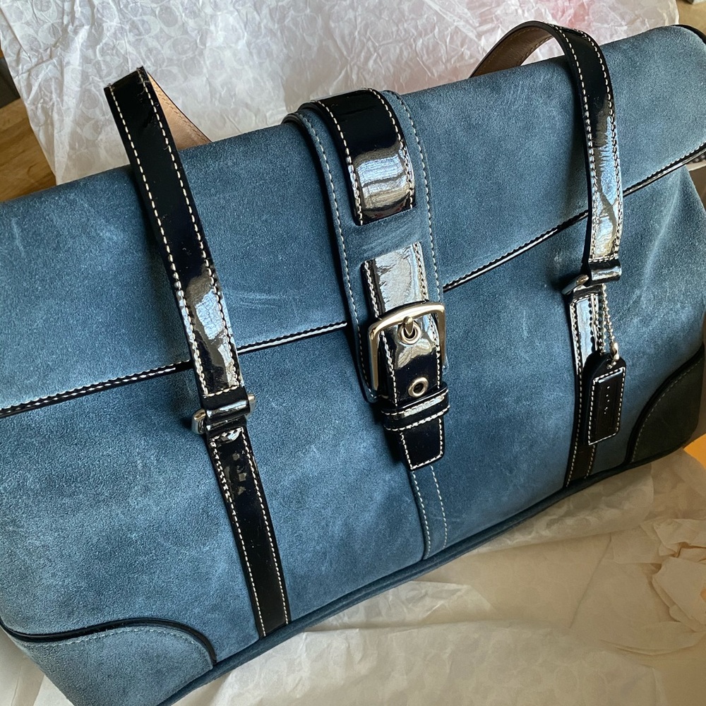 NWOT: Vintage Blue Suede and Patent Coach Satchel